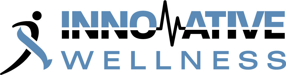 Innovative Wellness logo: blue running figure on the left, blue text 'INNOVATIVE' with a black heartbeat line through it, and blue 'WELLNESS' beneath.
