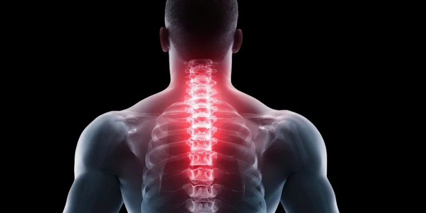 Back view of a person with a glowing red spine, signaling neck and upper back pain.