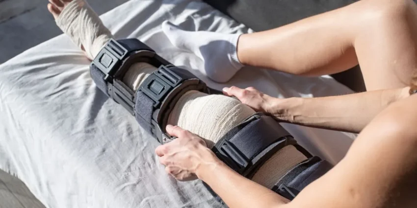 Medical leg immobilization: a limb wrapped in bandages and secured with a multi-strap knee-to-ankle splint on a bed, being adjusted by a caregiver.